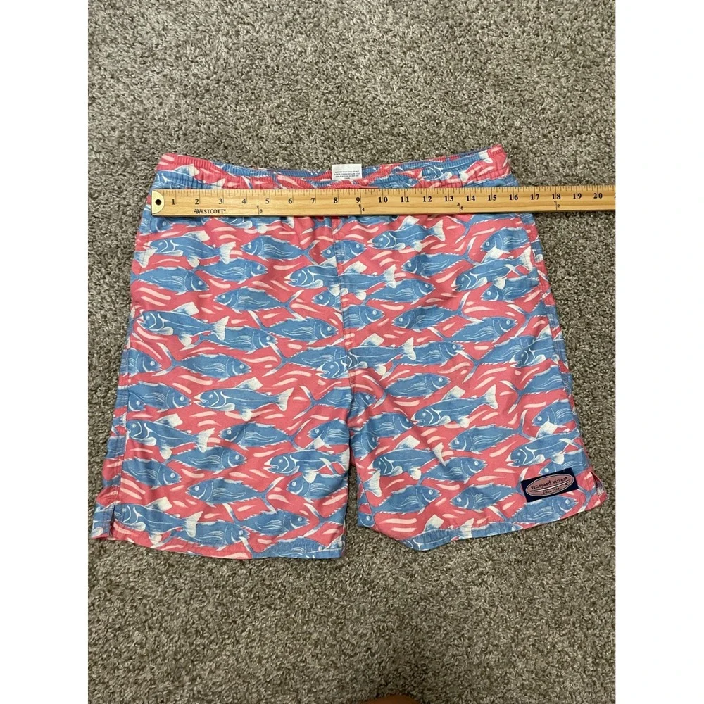 Vineyard Vines Swim Trunks Boys L (16) Pink Blue Fish Print Excellent Nautical